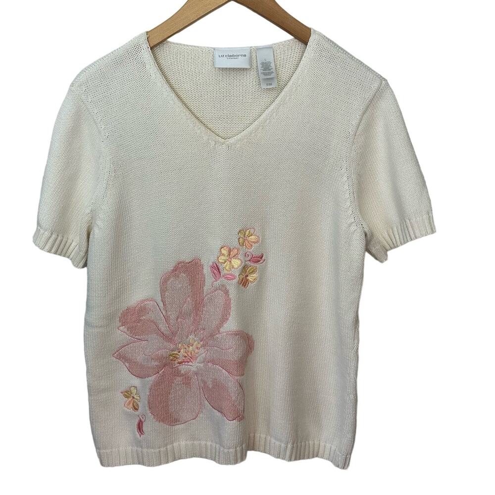 Vintage Liz Claiborne V Neck‎ Sweater Womens Large Pastel Embroidered Floral